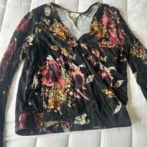 Elegant Black Floral V-Neck Blouse. Brand Tiny from Anthropologie.
